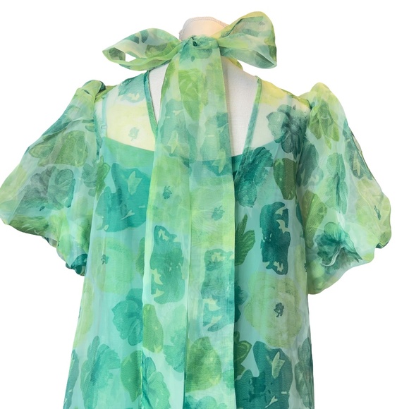 # A240 Nancy Cottagecore Green Floral Puff Sleeve Dress Tie Back Bow NWT S - Picture 5 of 10